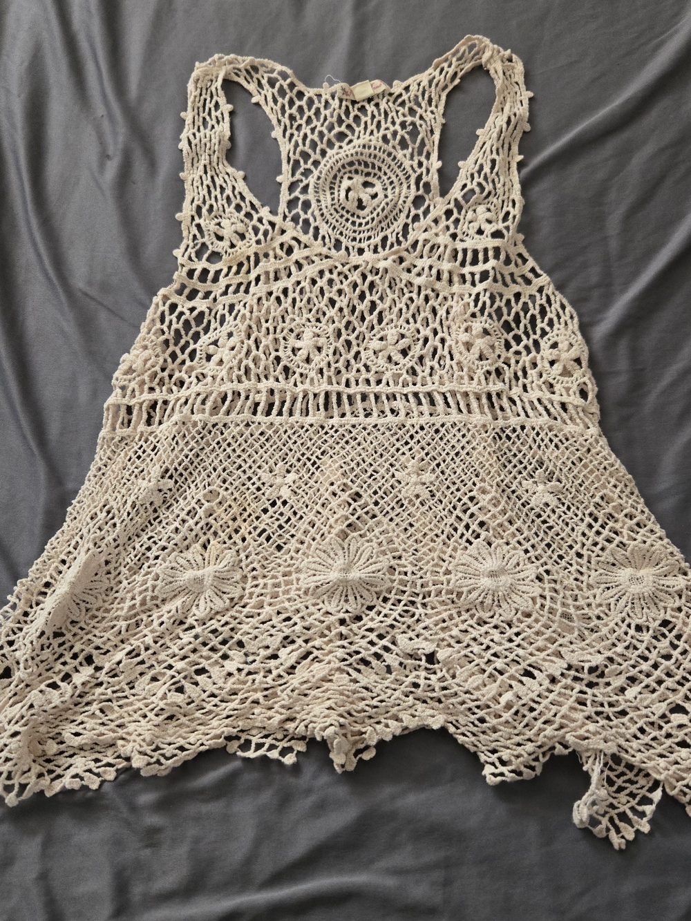Its Our Time Ivory Open Weave Floral Top Sz XL Gypsy Boho Coquette Cottage